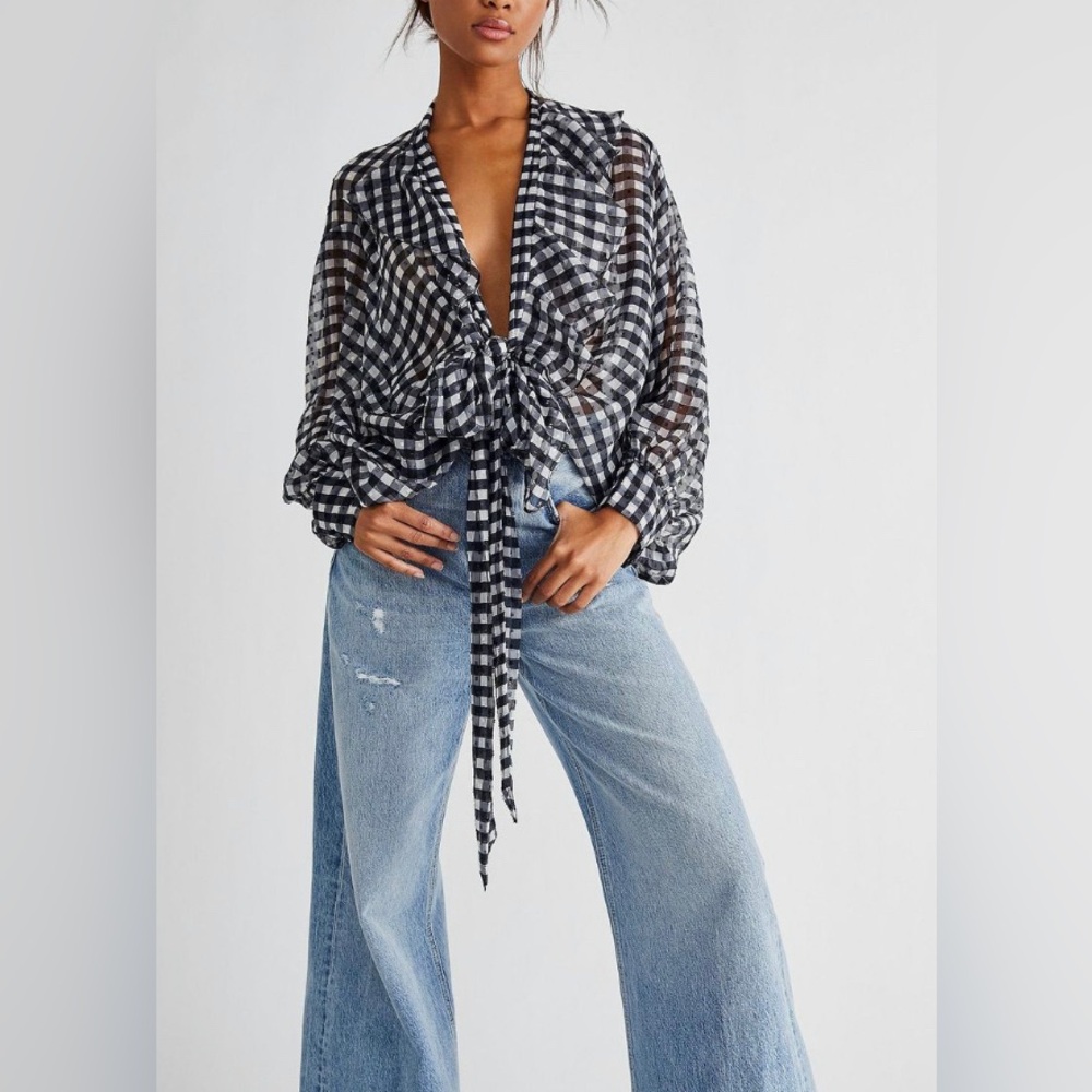 Free People Picnic Plaid Tie Front Ruffle Shirt One Size
